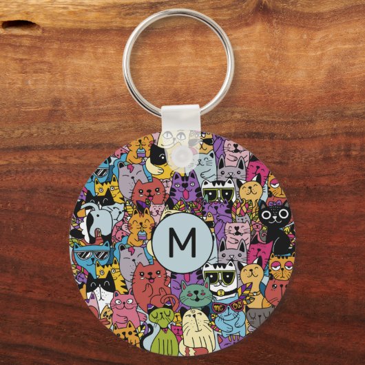 Aangepaste Monogram Grappige Katten Illustratie Sleutelhanger (Achterkant)
