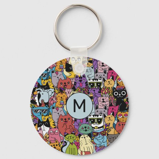 Aangepaste Monogram Grappige Katten Illustratie Sleutelhanger (Achterkant)