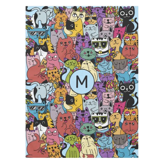 Aangepaste Monogram Grappige Katten Illustratie Tafelkleed (Voorkant)