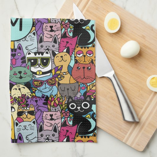 Aangepaste Monogram Grappige Katten Illustratie Theedoek (Quarter Fold)