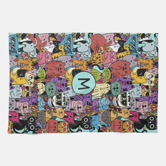 Aangepaste Monogram Grappige Katten Illustratie Theedoek (Horizontaal)