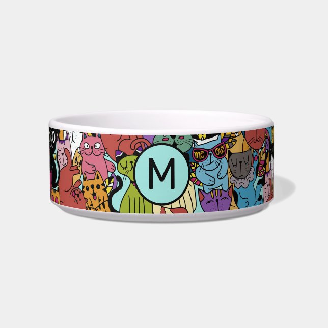 Aangepaste monogram grappige katten illustratie voerbakje (Voorkant)