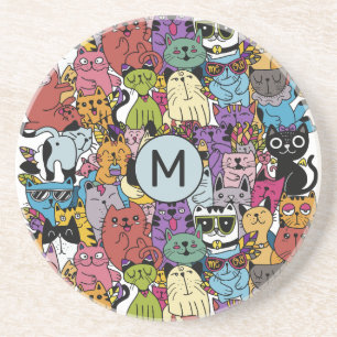 Aangepaste Monogram Grappige Katten Illustratie Zandsteen Onderzetter