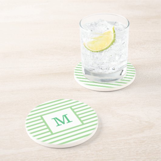 Aangepaste monogram groene en witte strepen Sandst Zandsteen Onderzetter (Zijkant)