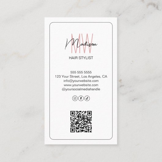 Aangepaste Monogram Hair Stylist QR Visitekaartje (Achterkant)