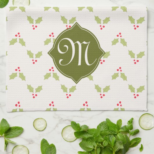 Aangepaste monogram Holly-kerstkeuken Theedoek (Gevouwen)