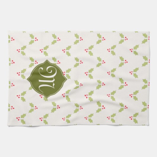 Aangepaste monogram Holly-kerstkeuken Theedoek (Horizontaal)