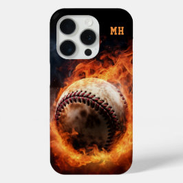 Aangepaste Monogram honkbal op vuur iPhone 15 Pro Case