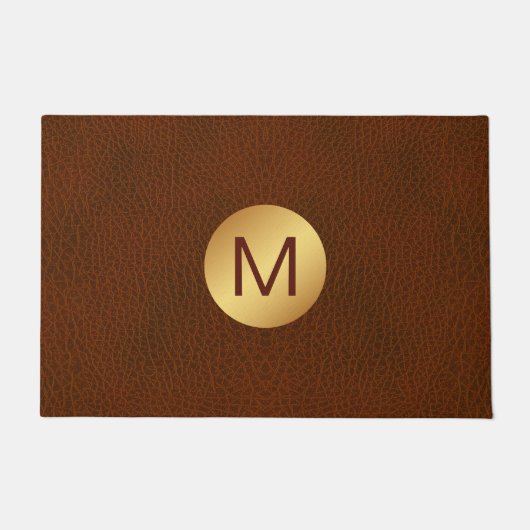 Aangepaste Monogram Initiaal Faux Bruin Leer & Gou Deurmat (Voorkant)