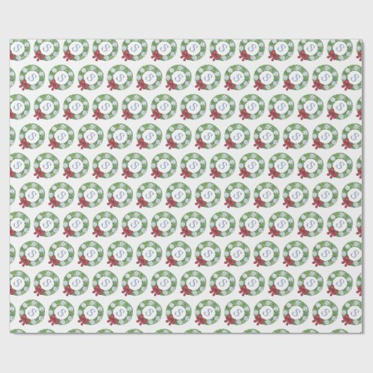 Aangepaste Monogram Initiaal Kerst Groen krans Cadeaupapier (Vlak)