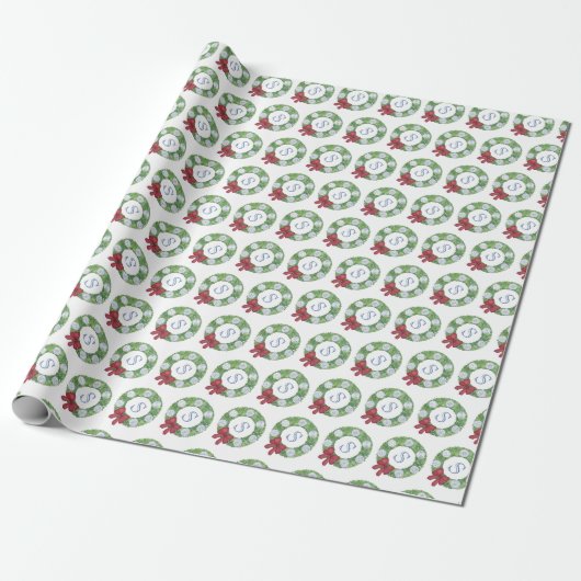 Aangepaste Monogram Initiaal Kerst Groen krans Cadeaupapier (Uitgerold)