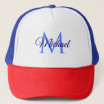 Aangepaste monogram Initiaal Letter Name Sjabloon Trucker Pet<br><div class="desc">Aangepast monogram Initiaal Letter Name Sjabloon Elegant Trendy Navy Blue Trucker Hat.</div>