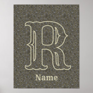 Aangepaste monogram initiaal naam bruin bloemmotie poster