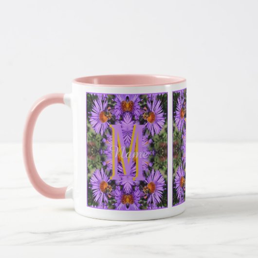 Aangepaste monogram initiaal naam honingbij aster mok (Links)