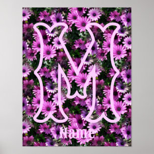 Aangepaste monogram initiaal naam paarse madeliefj poster