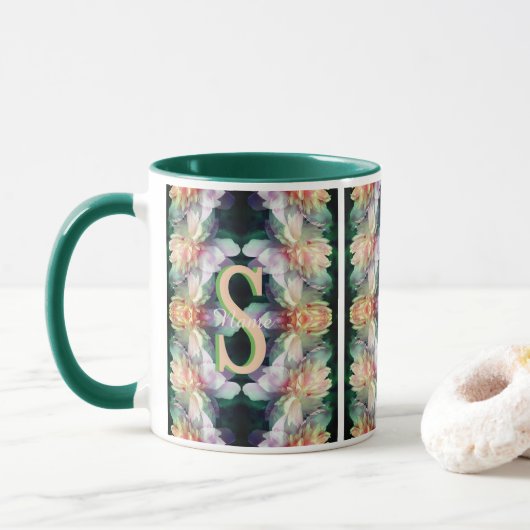 Aangepaste monogram initiaal naam pioen kunst mok (Met donut)