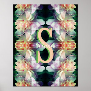 Aangepaste monogram initiaal naam pioenroos kunst poster