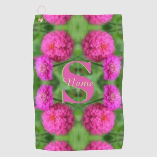 Aangepaste monogram initiaal naam Roze Zinnia's Golfhanddoek (Voorkant)