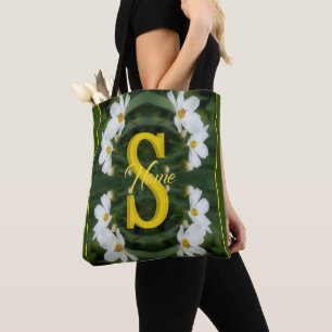 Aangepaste monogram initiaal naam Witte Madeliefje Tote Bag