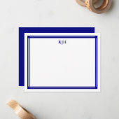 Aangepaste Monogram Initialen met Navy Blue Border Notitiekaartje (Voorkant / Achterkant in situ)