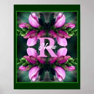 Aangepaste monogram initiële naam Roze bloemkunst Poster