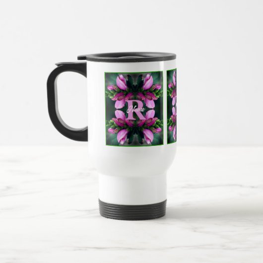 Aangepaste monogram initiële naam Roze bloemkunst Reisbeker (Links)
