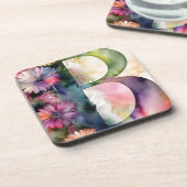 Aangepaste Monogram Jewel Tone Waterverf Bloemen Bier Onderzetter (Linkerzijde)