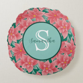 Aangepaste monogram Jolly Poinsettia Rond Kussen