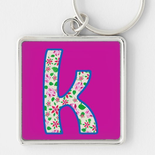 Aangepaste monogram K Sleutelhanger, roze Floral P Sleutelhanger (Voorkant)