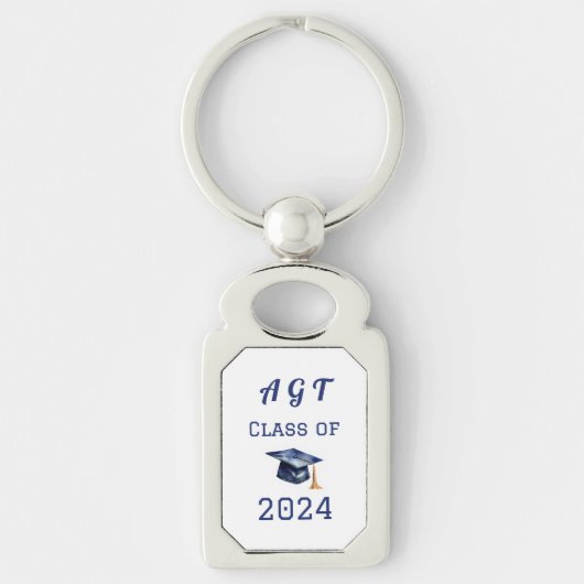 Aangepaste Monogram Klasse van 2024 Blauw en Wit Sleutelhanger (Voorkant)