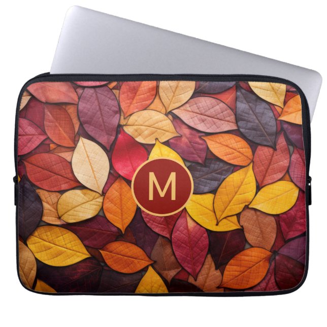 Aangepaste Monogram Kleurrijke Herfst bladeren Laptop Sleeve (Voorkant)