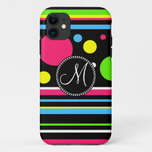 Aangepaste monogram kleurrijke Neon Stripes Polka iPhone 11 Hoesje