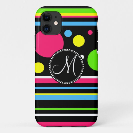 Aangepaste monogram kleurrijke Neon Stripes Polka Case-Mate iPhone Case (Achterkant)