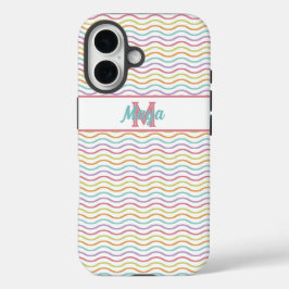 Aangepaste Monogram Kleurrijke Wavy Stripes Pastel iPhone 16 Hoesje