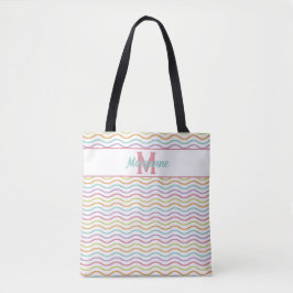 Aangepaste Monogram Kleurrijke Wavy Stripes Pastel Tote Bag