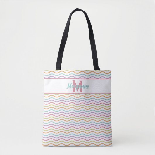 Aangepaste Monogram Kleurrijke Wavy Stripes Pastel Tote Bag (Voorkant)