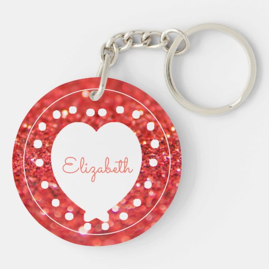 Aangepaste monogram koraal Glitter White Heart Sti Sleutelhanger (Achterkant)