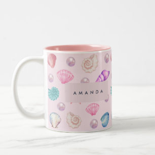 Aangepaste Monogram Kust Zeeschelp Pearl Ocean Gif Tweekleurige Koffiemok