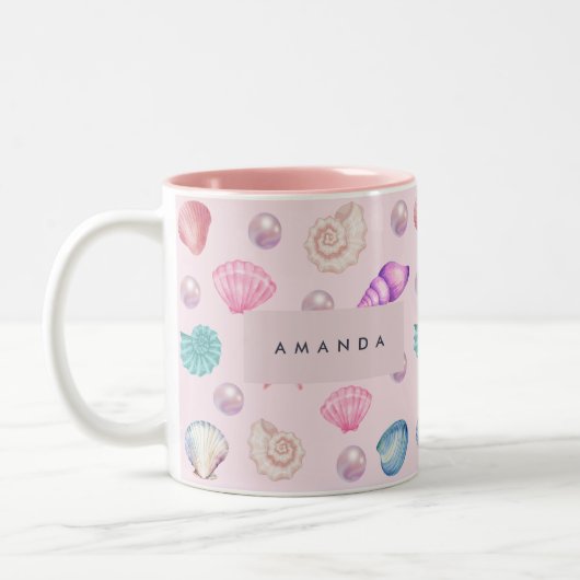 Aangepaste Monogram Kust Zeeschelp Pearl Ocean Gif Tweekleurige Koffiemok (Links)