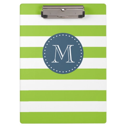 Aangepaste Monogram Lime Green en Navy Bold Stripe Klembord (Voorkant)