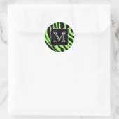 Aangepaste Monogram Lime Groen en Zwart Zebra Patr Ronde Sticker (Tas)