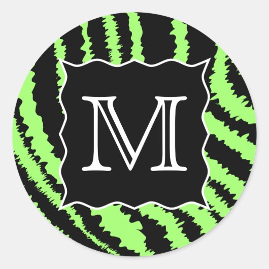 Aangepaste Monogram Lime Groen en Zwart Zebra Patr Ronde Sticker (Voorkant)