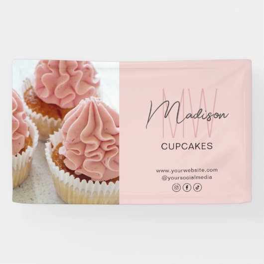 Aangepaste Monogram Logo Foto Roze Bakkerij Busine Spandoek (Horizontaal)