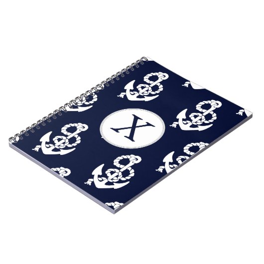 Aangepaste monogram marineblauw anker notitieboek (Linkerzijde)