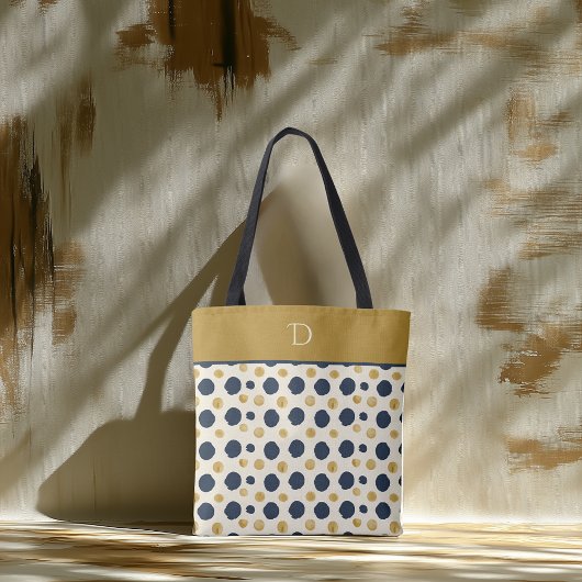 Aangepaste Monogram met Navy & Mustard Polka Dot Tote Bag