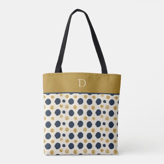 Aangepaste Monogram met Navy & Mustard Polka Dot Tote Bag (Achterkant)