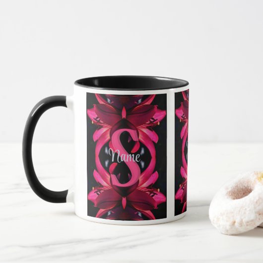 Aangepaste monogram met uw eerste naam lelie bloem mok (Met donut)