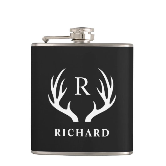 Aangepaste Monogram met zwart wit hert Antler Heupfles (Voorkant)