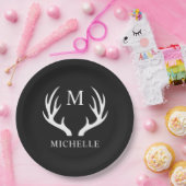 Aangepaste Monogram met zwart wit hert Antler Papieren Bordje (Feest)