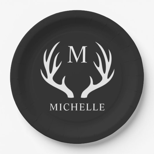 Aangepaste Monogram met zwart wit hert Antler Papieren Bordje (Voorkant)